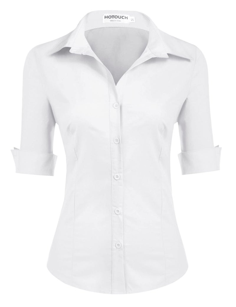 HOTOUCH White Dress Shirt Women Tailored 3/4 Sleeve Basic Button Down Shirt with Stretch Fitted Blouse (White M) - Image 1